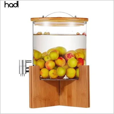 Commercial Fruit Juice Dispenser Single Drink Dispenser 5l clear Beverage Dispenser Glass with Wood Stand