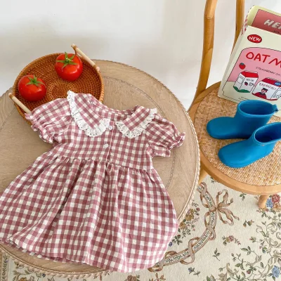 Ins Summer Baby Dress Sweet Lace Cotton Short Sleeve Pink Plaid Print Lace Collar Fashion Infant Toddler Baby Girls Dresses
