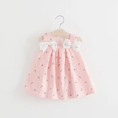 Wholesale Summer Children's Clothing Small Fresh Floral Bow Shoulder Dress Shirt with O-Neck Collar Casual Dot Pattern for Girls