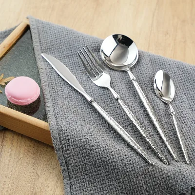 Wholesale Stainless Steel Dishwasher Safe Hammer Handle Flatware Set Includes Mirrored Dinner Knives Soup Spoons Forks for