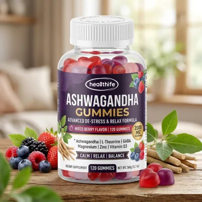 Healthife Private Label Mixed Berry Flavor Ashwagandha Gummies with L-Theanine GABA Magnesium Zinc Vitamin D3 Support Balance