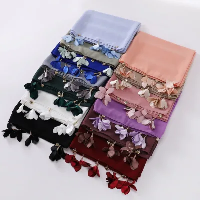 Flora Tassel Long Soft Pearl Chiffon Ethnic Bandana Women's Floral Breathable Shawl Scarf Rose Flower Pattern Made Durable