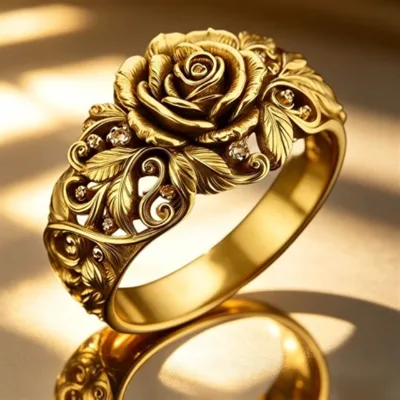 A retro rose ring with filigree, hollowed-out carvings, gold plating and diamonds, a niche design sense index , a cross-bord
