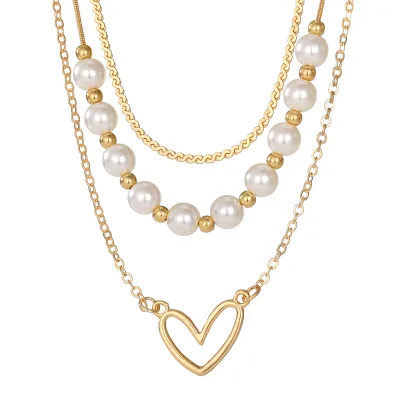 Cute Golden Love Heart Stacked Necklace Imitation Pearl Pendant Clavicle Necklace Fashion Choker Necklace for Women Jewelry Gift