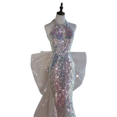 Halter Sequin Evening Dress With Waisted Fishtail Dress Bride Toasting Banquet Dress