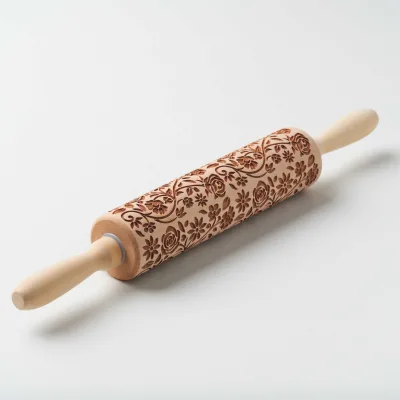 Laser Printed Beech Rolling Pin Wooden Rolling Pin Rose Printed Pressing Stick