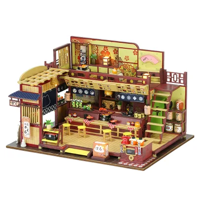 Wholesale Japanese Sushi Style DIY Handmade Assembled Wooden Doll House Dollhouse Kit for Kids