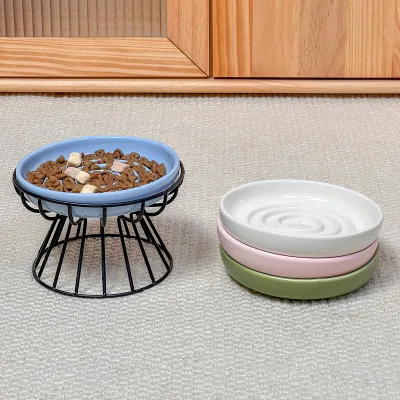 Simple Solid-Color Circular Slow-Eating Ceramic Pet Bowl Dense Iron Frame for Cats Dogs Anti-Choking Basin Modern Design Eastern