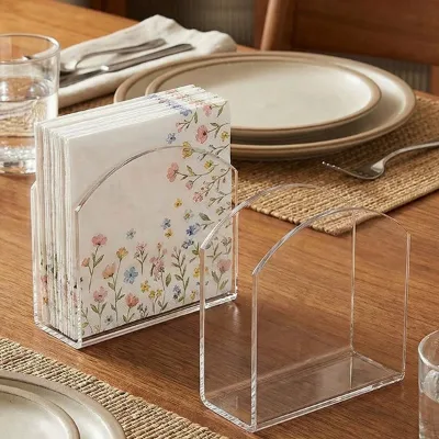 Custom Clear Acrylic Tissue Holder for Dining Table with Upright Standing Design for Napkin Handkerchief Paper Storage