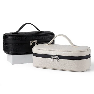 High Quality Lychee-Grain Leather Tote Cosmetic Bag Zipper Closure Large Folding Spacious Design Makeup Organization Portable