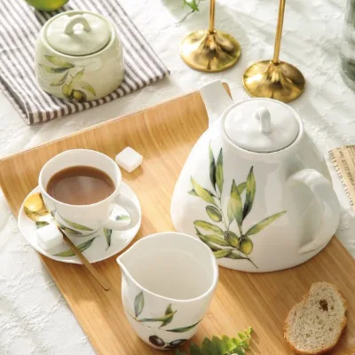 Virgin Olive Collection Antique Cup and Saucer Teapot Russian Porcelain Coffee & Tea Set with Decal