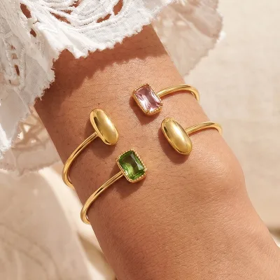 Open Stainless Steel Gold Plated Bangle Simple Smooth Oval Bead Design Trendy Women's Versatile Popular Online Style Commuter