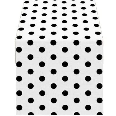 Black White Polka Dot Woven Linen Customizable Table Runner Cartoon Birthday Party Baby Shower Wedding Home Decoration