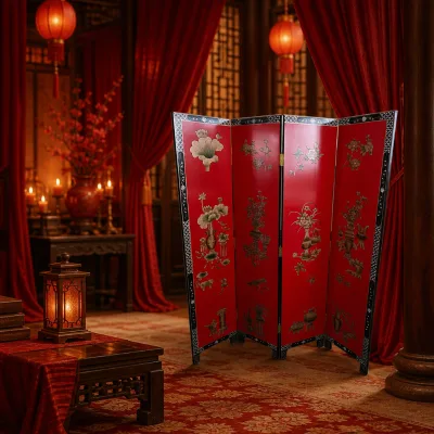 Artisan Crafted Lacquer Screen Divider Premium Chinese Motif Space Partition