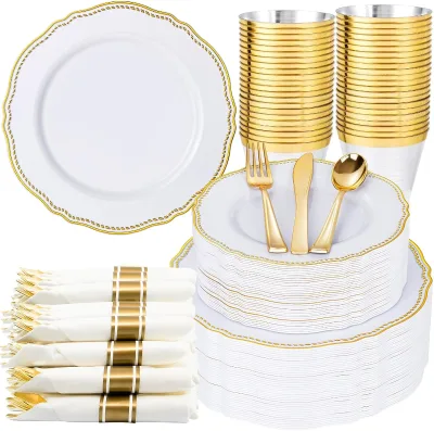 Hioasis 350-Piece BPA Free Clear Gold Plastic Dinnerware Set Tray Includes 5 Dinner Plates 5 Dessert Pieces 5 Cups 5 Wedding