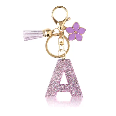 Flash Powder 26 English Letters DIY Resin Keychain Purple Flower Pendant Bag Accessories Wholesale