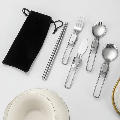 LFEDC Wholesale Portable Edc 5 in 1 Camping Hiking Stainless Steel Folding Spork Knife Chopstick Tableware Set for Picnics