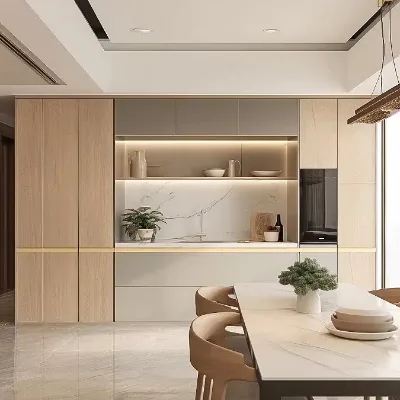 Light Wood Sideboard With LED Shelves and Quartz Backsplash Handleless Drawers Grey Upper Unit for Dining Room