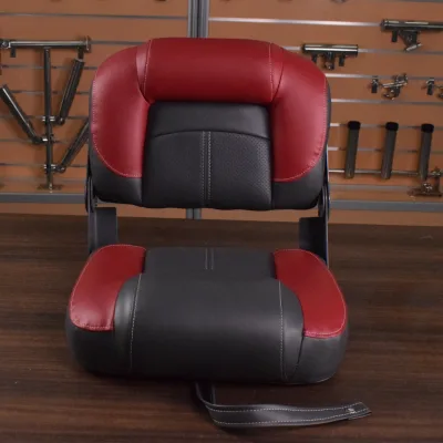Durable Very Low Back Folding Boat Seat with Marine Grade Vinyl and Comfortable Bracket in Red and Black