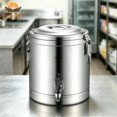 Commercial 201/304 Stainless Steel Insulated Bucket with Faucet 12h Pu Foam for Milk Tea Shop Canteen Soup Soy Milk Use