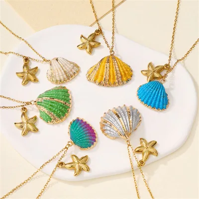 New Boho Style Natural Stone Starfish and Turtle Charm Necklace Classic Ball Shape Sea-Themed Gift for Women