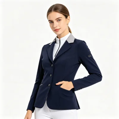 Women's Navy Equestrian Show Jacket Contrast Gray Collar Flap Pocket Competition Riding Coat Nylon Spandex Stretchy Breathable