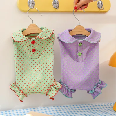 Cotton r dog polka dot belly wrap pet outfit with doll collar, four-legged clothing for cute cats, Bichon Frise, and Teddy