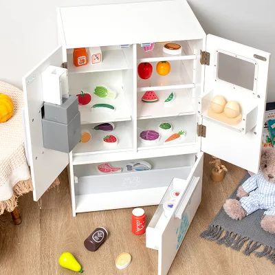 Children's Play Kitchen Wooden Three-Door Refrigerator Toy Ages 4-6 Unisex Parent-Child Interactive Food Ice Maker