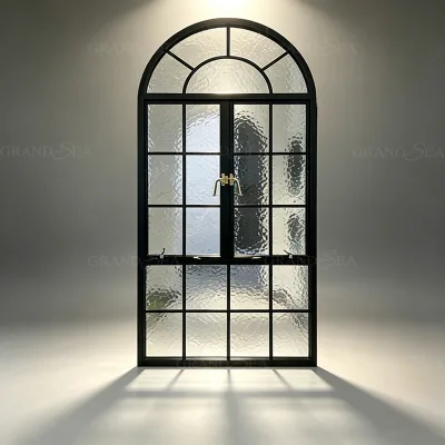 Custom Arched Top Aluminium Casement Window Grid Design Textured Glass Antique Brass Handle Vintage Farmhouse Residential Window