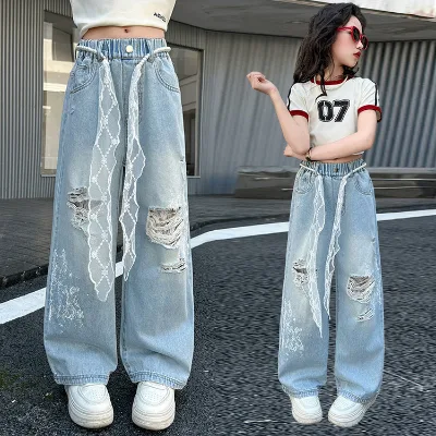 Spring Autumn New Girls' Denim Straight Leg High Waist Loose Fit Ripped Printed Washed Cross-border Wholesale