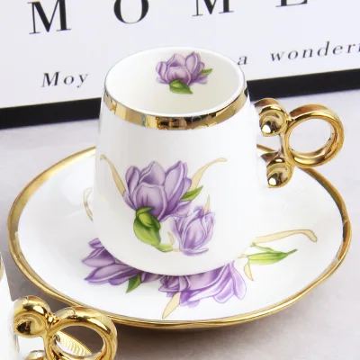 Wholesale Porcelain Golden Edge Luxury White Ceramic Eco-Friendly Custom Print Coffee Mug Saucer Set Business Gift