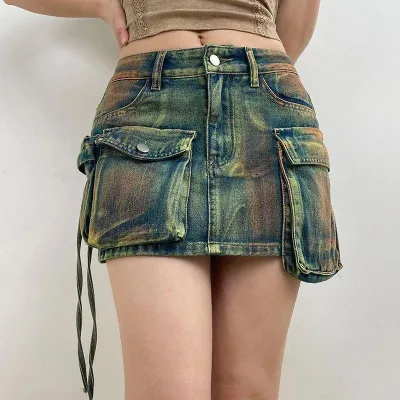 OEM/ODM 2024 Summer Casual Y2K Fashion Cargo Skirt Sexy Design Denim Skirt for Girls Asymmetrical Pockets Baggy Denim Skirts