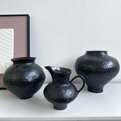 Wabi-sabi Black Textured Ceramic Pots Handcrafted Ceramic Vase Trio Black Textured Jug Vase Vintage Black Urn Clay Vase