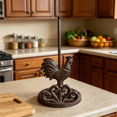 Rustic Farmhouse Charm Cast Iron Rooster Paper Towel Holder Freestanding Kitchen Countertop Accessory