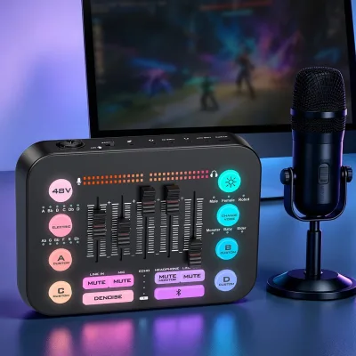 OEM Gaming Audio Mixer Live Streaming Soundcard Lightweight 11 RGB Light Direct Monitor XLR Input 48V PC Mixer Soundcard