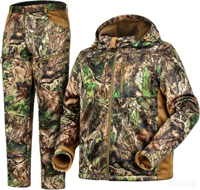 Mens Winter Camo Silent Hunting Outfit Softshell Jacket Pants Warm Fleece Lining Windproof Breathable Waterproof for Outdoor