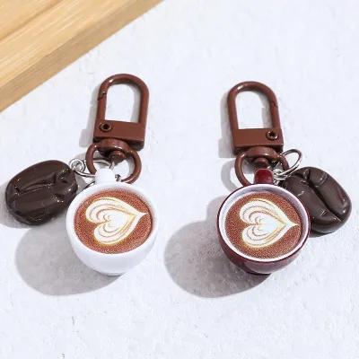 Hot Sale Creative Holiday Gift Bag Keychain Ornament Cute White Burgundy Coffee Cup Coffee Bean Keychain Gifts for Women
