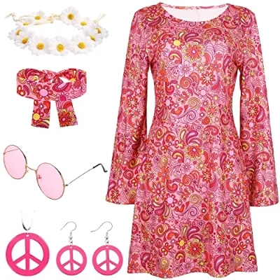 Women's Hippie Boho Disco Costume Dress Set 60s/70s Carnival Party Polyester Adults S-2XL in Stock