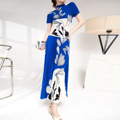 Miyake Casual Ankle Pleated Floral Eco-Friendly Women Summer Thin T-shirt and Pleated Skirt One Set Manufacturer Wholesale