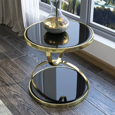 Modern Round Side Table Black Tempered Glass Living Room Furniture for Villa and Hotel Use