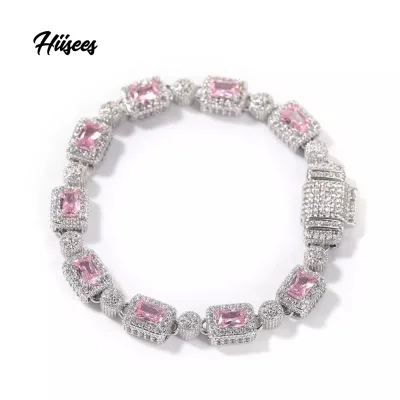 Women Bling Jewelry Crystal Bracelets Healing Natural Stone pink Iced Out baguette Zircon Silver Plated Tennis Bracelet