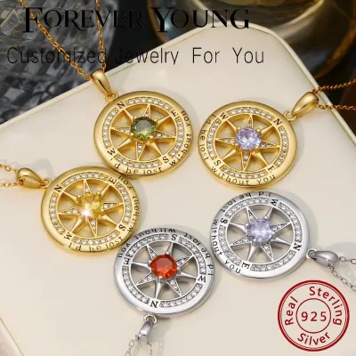 FY Fine Luxury Jewelry Necklaces Valentine Gift 925 Sterling Silver Engraved Love Birthstone North Star Compass Pendant Necklace
