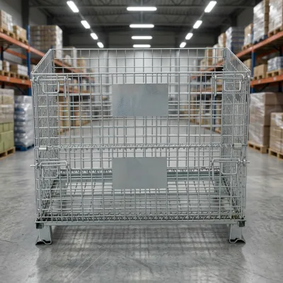 Returnable Galvanized Steel Stillage Wire Mesh Container Foldable Storage Cage With Drop Front Gate Latch and Stack Corners