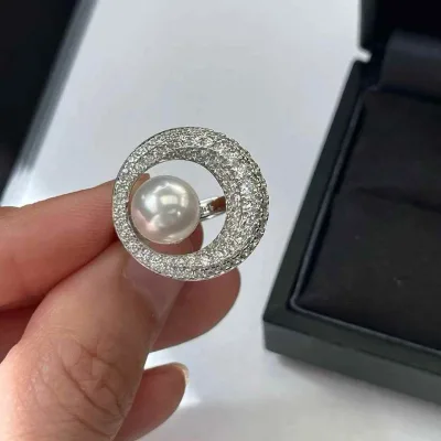 New Sparkling Full Diamond & Zircon Ring with Natural Freshwater Pearl Unlimited Finger Circumference Opening Design