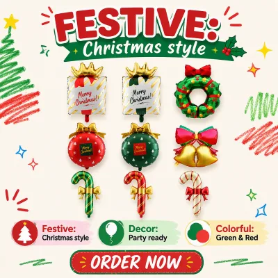 Lovely Red & Green Christmas Garland Bowknot Bell Cane Gift Box Aluminum Foil Self-Sealing Balloon Christmas Party Decoration