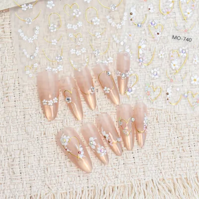 Custom 3D/5D Rhinestone Nail Stickers Embossed Relief Gold Silver French Flower Art Design Non-Toxic Adhesive Press-On Nail