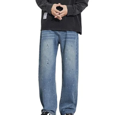 Vintage Straight Leg Jeans for Boys Splash-Ink Street Style Slacks High Street Woven for All Seasons