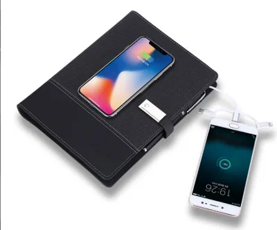 Business Planner A5 PU Cover Notebook Power Bank With LED Reading  Lamp USB Flash Drive Wireless Charging