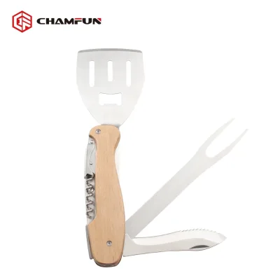 Camping Outdoor 5 in 1 Barbecue BBQ Grill Multi Tools with Beach Wood Handle