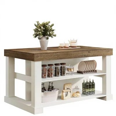 55" Farmhouse Wood Kitchen Island Table with Seating 3-Tier Storage Large Worktop Leg Room Stationary White & Brown
